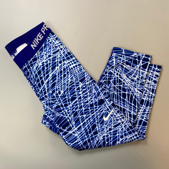 Nike Pants - Women's Nike Pro Crop Leggings Blue & White Abstract Print Small Dri-Fit